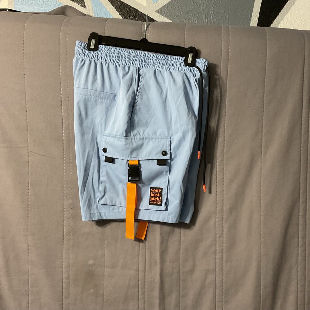 Men's College Blue Cargo Shorts w/ Orange Straps - Size S